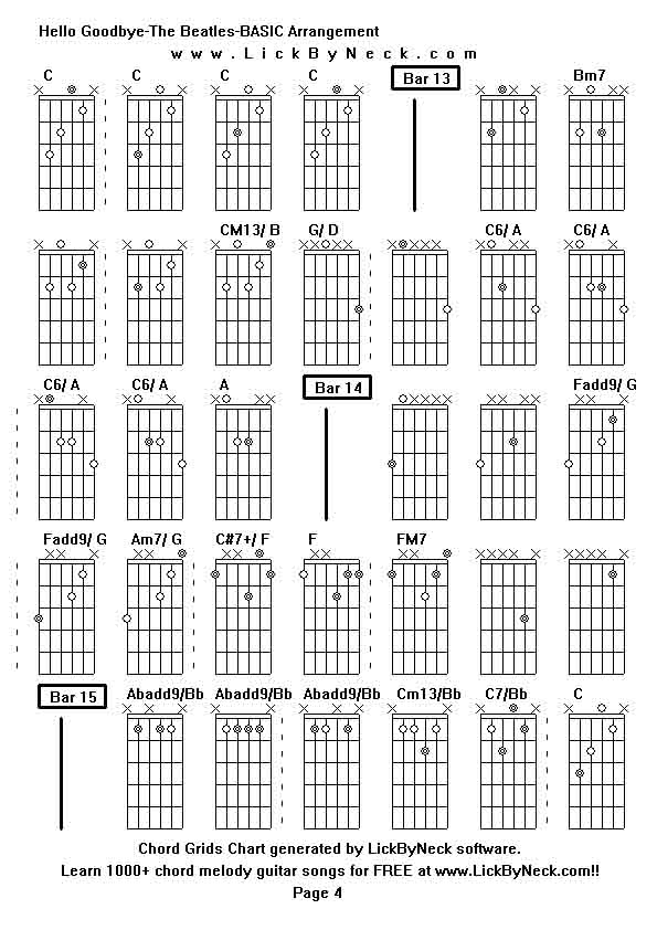 Chord Grids Chart of chord melody fingerstyle guitar song-Hello Goodbye-The Beatles-BASIC Arrangement,generated by LickByNeck software.